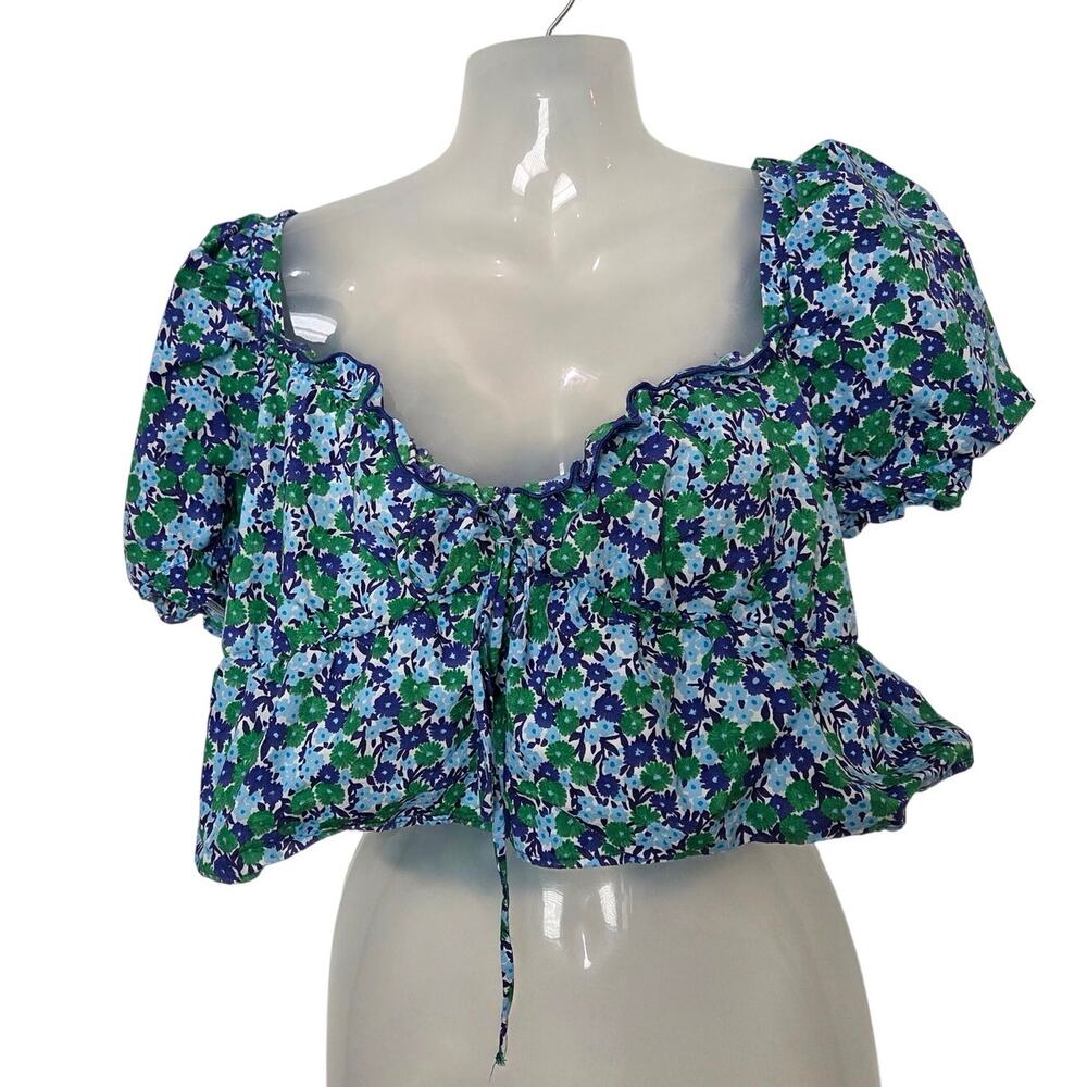 Zara Blue Green Ditsy Floral Puff Sleeve Sweetheart Crop Top Blouse Medium